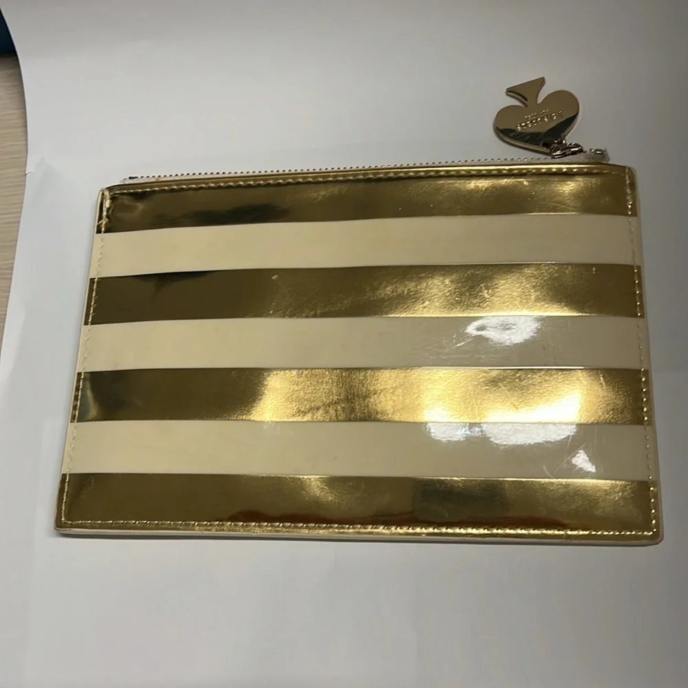 Kate Spade Large Gold Cream Patent Striped Zip Flat Pouch Clutch